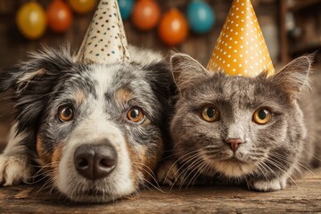 Dog and cat wearing party hats celebrating a birthday with balloons