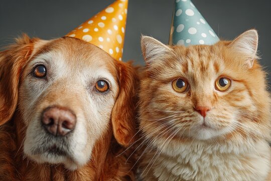 Golden retriever and ginger cat celebrating birthday wearing party hats - Powered by Adobe