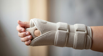 Hand wearing beige wrist brace in natural soft lighting  