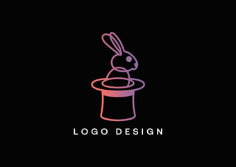 A creative logo design showcasing a rabbit emerging from a magician's hat, representing magic, creativity, and enchantment in a simple yet captivating visual style.