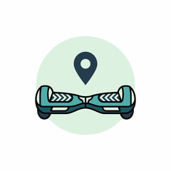 A sleek illustration of a hoverboard paired with a location pin, symbolizing modern transportation methods and the fusion of technology with mobility in an imaginative visual.