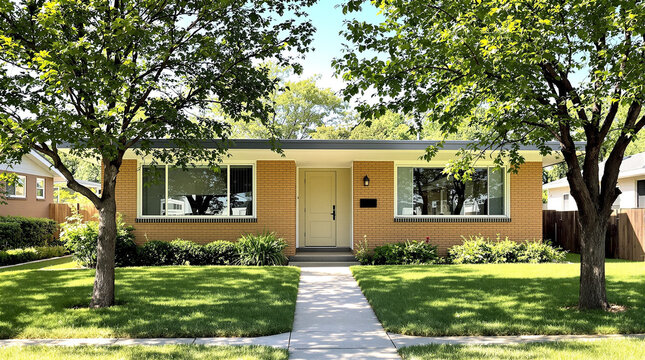 Brick Ranch House with Symmetrical Trees and Walkway