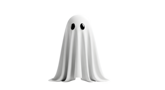 White draped ghost on black background. Soft shadows create smooth, minimal texture. Perfect for Halloween posters, seasonal graphics, or social media.