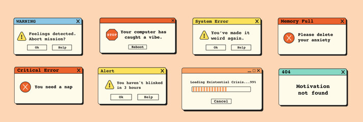 Retro vaporwave error popups and funny alert windows. 90s style surreal system dialog boxes with text and pastel UI elements. Flat Style Vector Illustration.