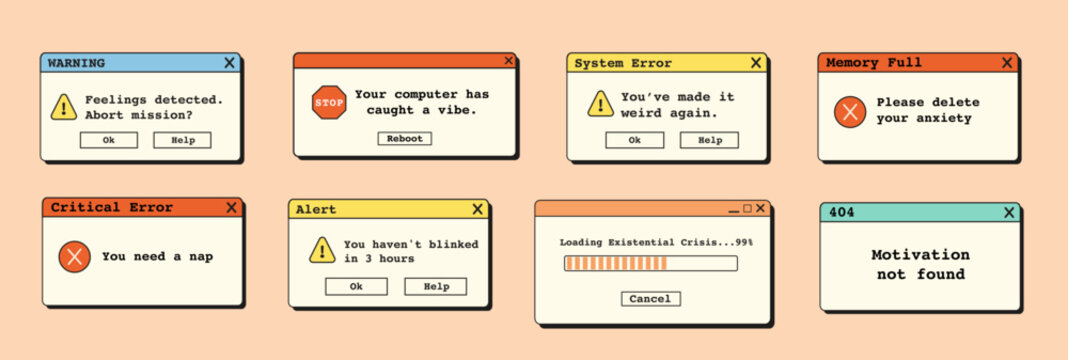 Retro vaporwave error popups and funny alert windows. 90s style surreal system dialog boxes with text and pastel UI elements. Flat Style Vector Illustration.