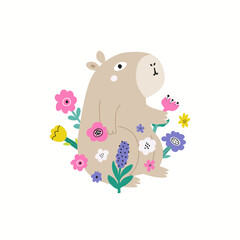 Cute Capybara with Flowers Colorful Vector Illustration for Kids Poster and Print