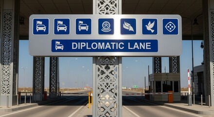 Diplomatic Passage Sign Directing Vehicles Through Restricted Entry Point With Symbols Displayed