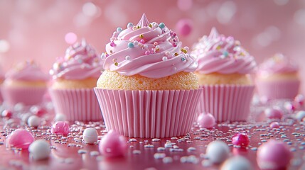 Pink cupcakes with sprinkles, festive background, celebration, food photography, baking