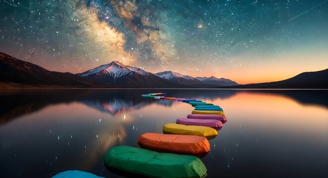 Vivid stones float at sunset under a cosmic sky. Landscape conveys fantasy and surrealism. Suitable for branding, posters, or inspirational backgrounds. - Powered by Adobe