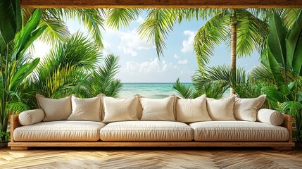 Tropical beach view from a patio sofa. Relaxation, vacation, getaway, paradise, serenity