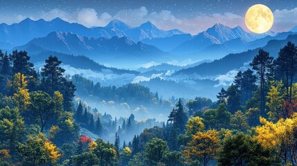 Autumn mountain valley at night with full moon