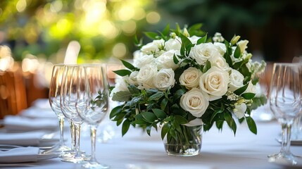 White roses centerpiece, outdoor wedding reception, blurred garden background, romantic event