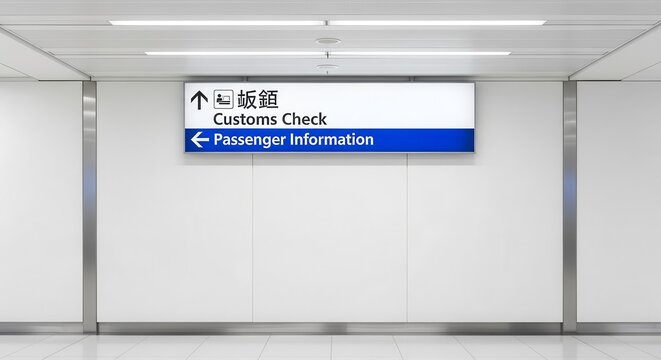 Directional Signs Indicating Customs Check and Passenger Information In An Airport Setting