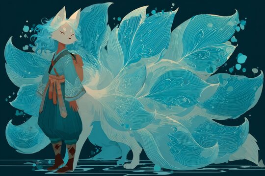 Anime style illustration featuring a mythological shapeshifter with a mask and flowing blue tails