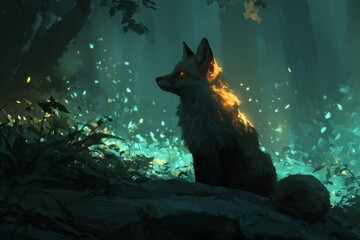 Obraz premium Fox standing in a dark forest with glowing fur and magical floating leaves around