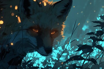 Obraz premium Fox crouching in a dark forest, its eyes glowing orange with fireflies surrounding