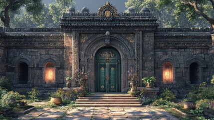 Ancient stone gate, lush garden, forest background; game, film, fantasy setting