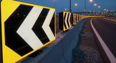Directional Traffic Signs Marking The Curve Of A Highway Road At Dusk With Lights