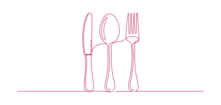 Continuous line art featuring a fork, knife, and spoon in a sleek contemporary look, suitable for restaurant themes and culinary designs. Editable vector illustration.