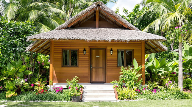 Small Thatched Roof Cottage Surrounded by Tropical Foliage
