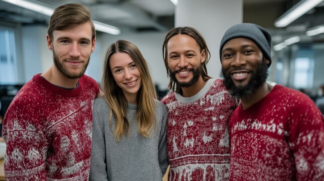Four coworkers gather in a bright office space, smiling joyfully while wearing festive Christmas sweaters. Their cheerful spirit spreads warmth as they celebrate the holiday season together