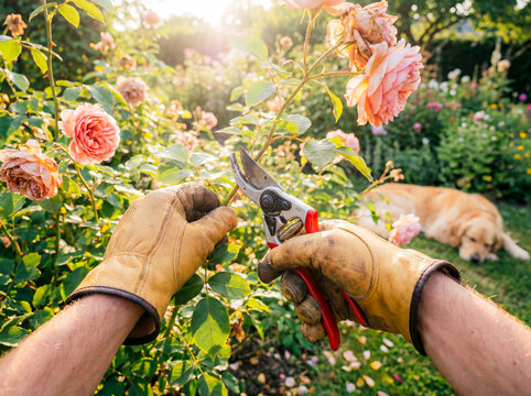 POV gardening roses with shears dog sleeping in background summer nature pet lifestyle backyard maintenance flowers pruning gloves animal golden retriever relaxation sunny happy bloom outdoors hobby c