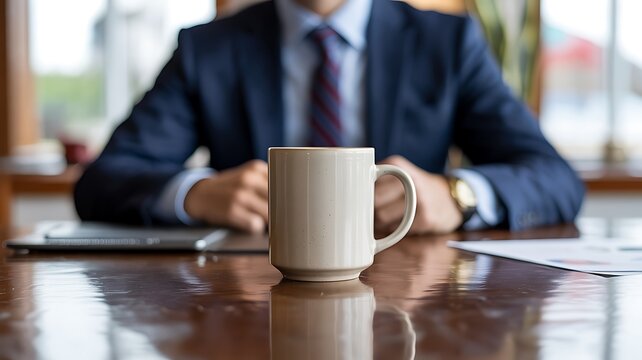 Close-Up of Businessman Holding Ceramic Mug at Polished Wooden Table in Office or Cafe, Calm Professional Scene