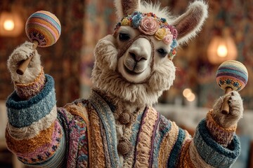 Obraz premium Llama wearing embroidered sweater and flower crown holding maracas, celebrating a party