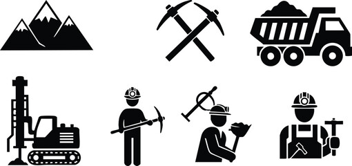 Mining industry icons with mountain, pickaxes, dump truck, excavator, and miners in safety gear vector set
