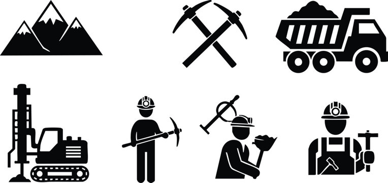 Mining industry icons with mountain, pickaxes, dump truck, excavator, and miners in safety gear vector set