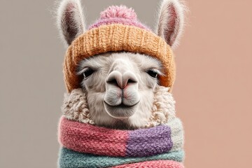Llama animal wearing a colorful knitted beanie and scarf, staying warm during winter