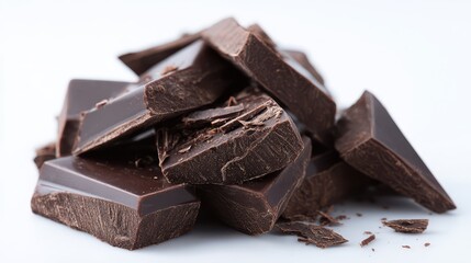 Studio shot of rich dark chocolate fragments isolated on white