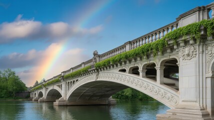 Fototapeta premium Picturesque bridge adorned with greenery under a vibrant rainbow and blue sky
