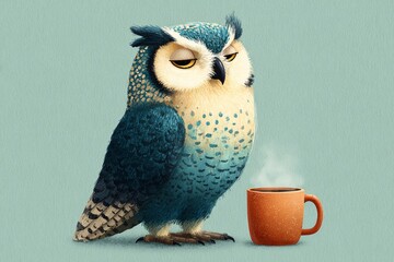 Tired owl with half-closed eyes standing next to a steaming cup of coffee