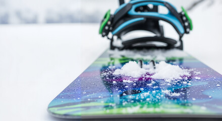 Close-up of colorful snowboard with bindings on snowy landscape  