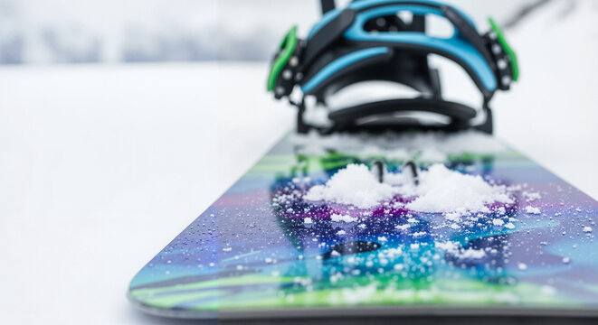 Close-up of colorful snowboard with bindings on snowy landscape