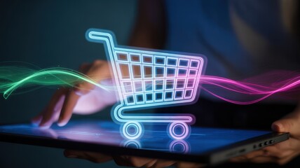 Online shopping concept with a glowing shopping cart on a digital tablet