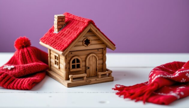 A quaint wooden cottage sits on a pristine white table, adorned with a cozy red knit hat and scarf, under soft side lighting