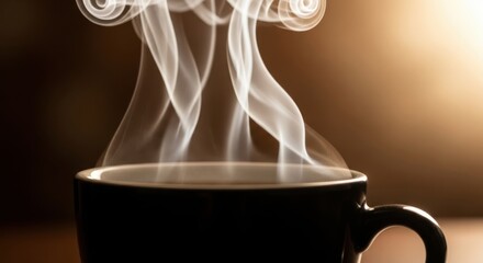Steaming hot coffee in a black mug with wispy smoke