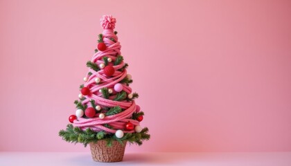 A DIY Christmas tree using pink yarn against a pink background, Make it eco friendly and fluffy to add a touch of holiday cheer