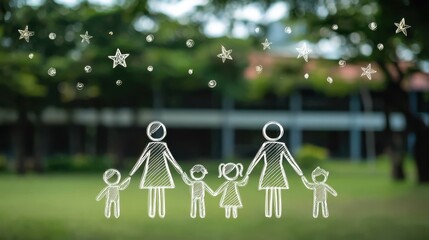 Chalk doodle drawing of two adults and four children holding hands, a family outline, against a blurred green background with sketched stars, family graduation, child savings