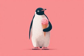 Cute cartoon penguin enjoying a big scoop of pink ice cream in a waffle cone