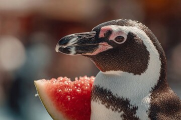 African penguin cooling down with a sweet fruit in summer heat