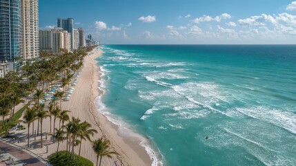 Sunny Isles Beach shoreline with palm trees, turquoise ocean, and modern skyline