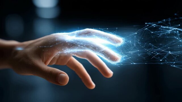 A human hand interacts with a glowing digital network, symbolizing the fusion of technology and humanity. Futuristic blue light connections illustrate innovation and connectivity
