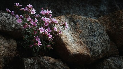 Stunning pink flowers blooming on rugged stone wall creating beautiful contrast and adding life to the natural setting outdoors