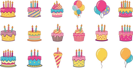 Bright birthday icons with cakes, balloons, and festive treats. Colorful party clipart featuring cakes and balloons. Fun birthday elements ideal for cheerful celebration art