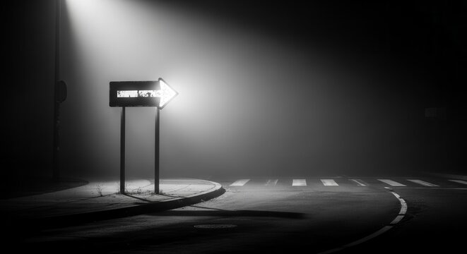 Dramatic Illuminated Arrow Sign Directing Through Atmospheric Foggy Night Scenery Precisely - Powered by Adobe