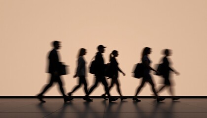 Fototapeta premium Blurred Silhouettes of People Walking in Minimalist White Space with Motion Blur Effect, Representing Modern Life, Isolation