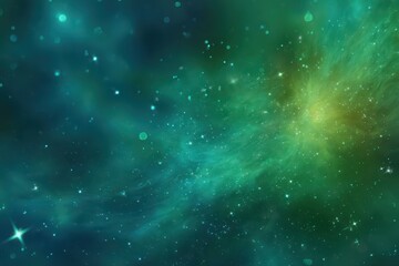 Surreal space illustration featuring luminous green stars and cosmic dust